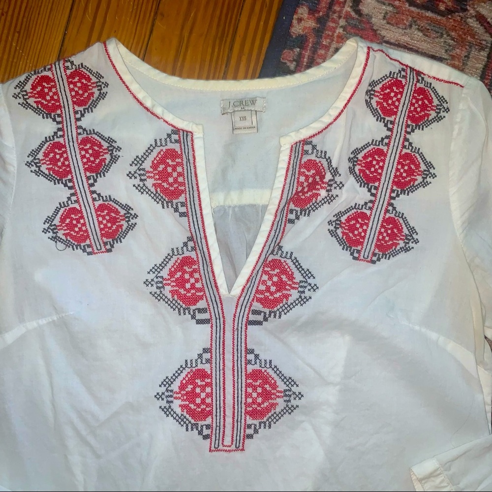 J. Crew | Embroidered Linen 3/4 Sleeve Blouse
